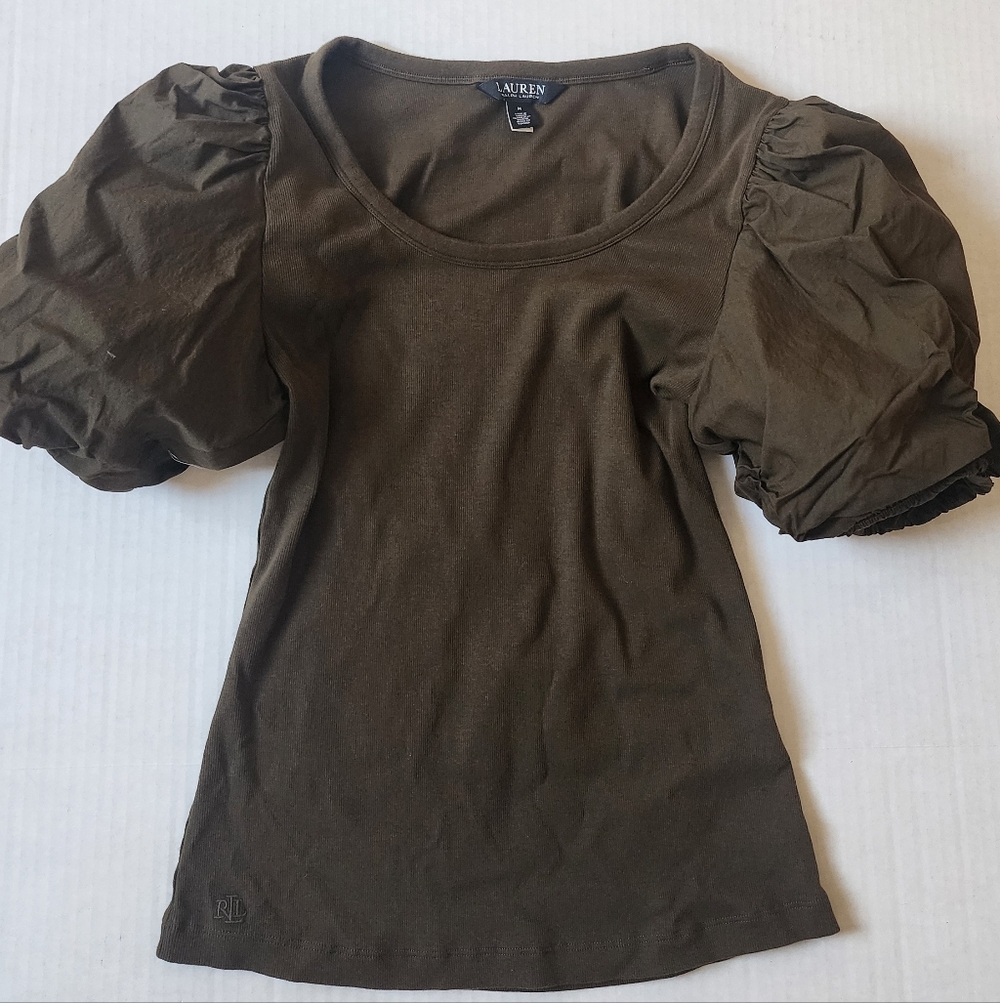 Ralph Lauren Dark Olive Puff Sleeve Blouse